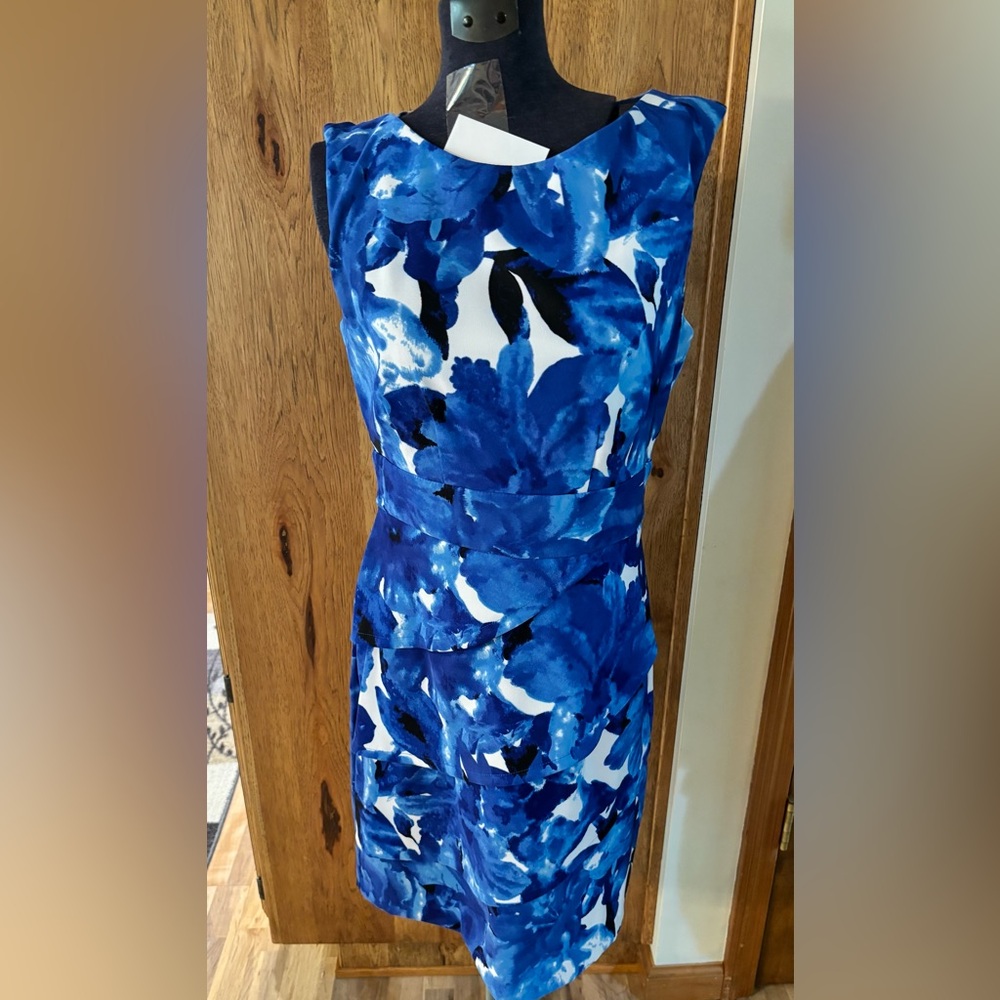 Connected Apparel Blue and White Sheath Midi Dress